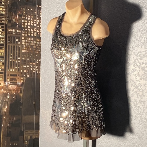 LIPSTICK - tank: black mesh semi-sheer racerback w silver sequins & stars - L - Picture 9 of 16